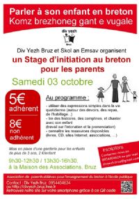 Parler à son enfant en breton / Komz brezhoneg gant e vugale.. Le samedi 3 octobre 2015 à BRUZ. Ille-et-Vilaine. 